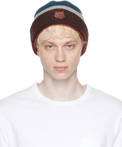 Maison Kitsuné Fox-patch Striped Beanie In Blue