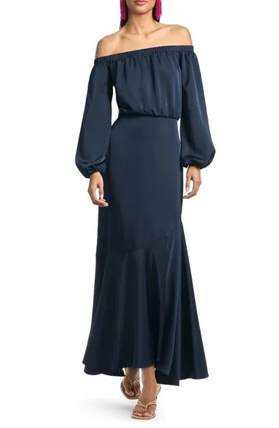 Sachin & Babi Kai Off The Shoulder Long Sleeve Satin Maxi Dress In Midnight