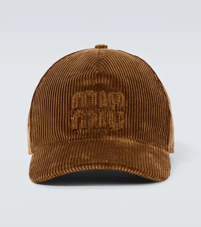 Miu Miu Logo Cotton Baseball Cap In Brown