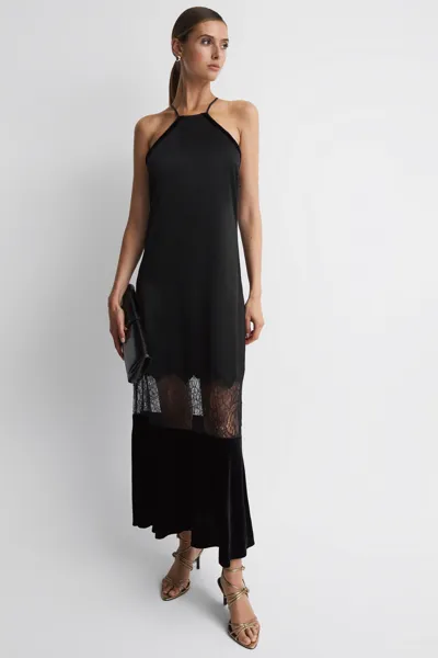 Reiss Black Fitted Satin-velvet Midi Dress