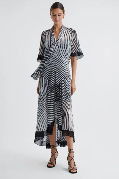 Reiss Black/white Anaya Check Removable Neck Tie Midi Dress