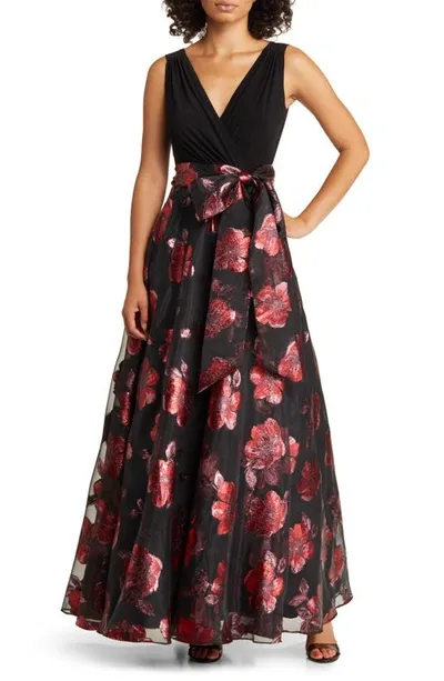 Eliza J Floral Jacquard Faux Wrap Ballgown In Red Black