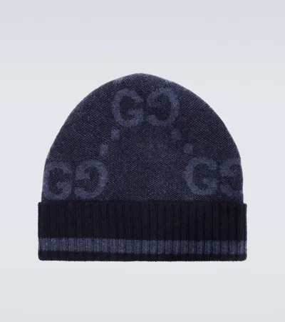 Gucci Gg Jacquard Cashmere Beanie In Blue