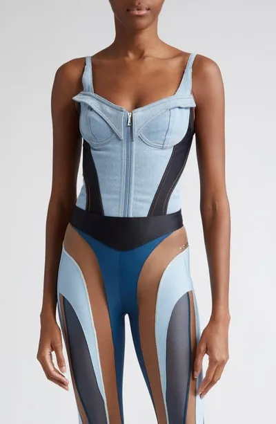 Mugler Denim Corset Bodysuit In Blue