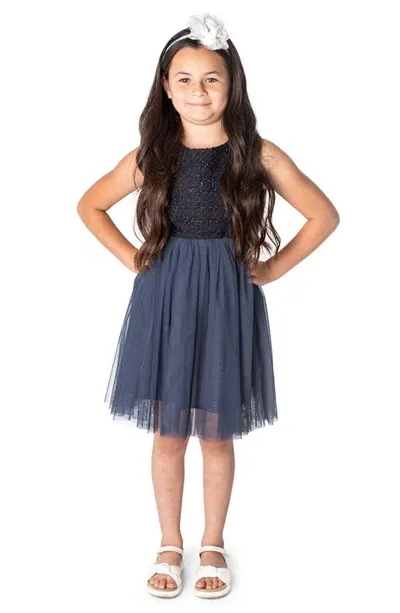 Popatu Kids' Metallic Sleeveless Tweed & Tulle Dress In Navy