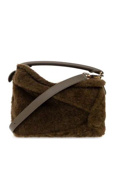 Loewe Puzzle Edge Shearling Shoulder Bag In Dark Khaki Green