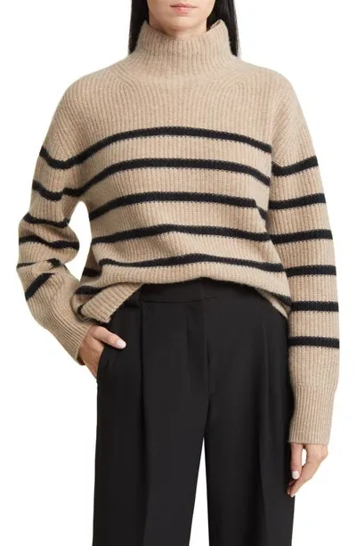 Nordstrom Stripe Cashmere Mock Neck Sweater In Tan Camel- Black Stripe