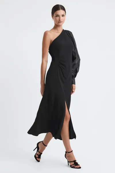 Reiss Black One-shoulder Blouson Sleeve Midi Dress