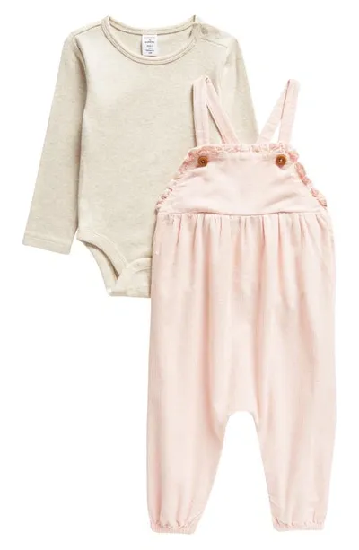 Nordstrom Babies'  Long Sleeve Cotton Bodysuit & Corduroy Overalls Set In Pink Lotus- Beige Heather