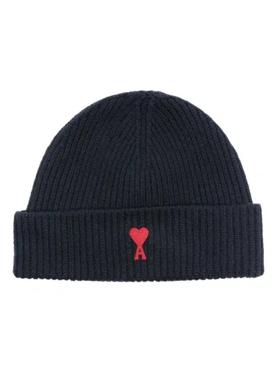 Ami Alexandre Mattiussi Ami De Coeur Ribbed Beanie In Blue