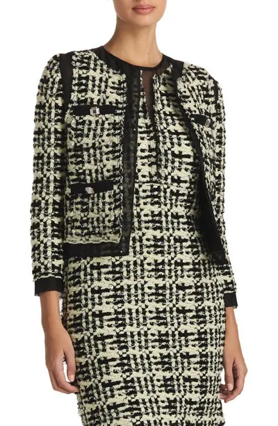 St John Organza-trim Metallic Slub Paillette Plaid Knit Jacket In Honeydew/black Multi