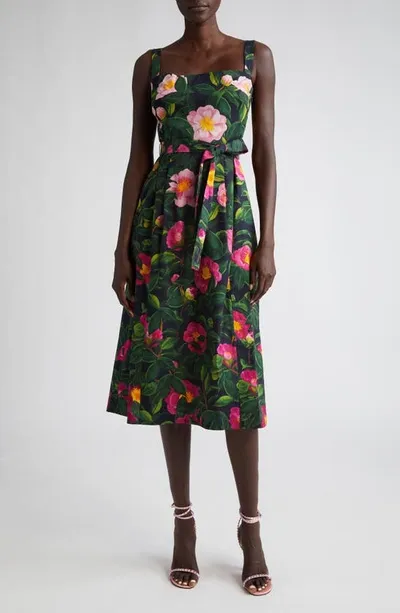 Oscar De La Renta Camellias-print Belted Slit-hem Poplin Midi Dress In Pink Navy