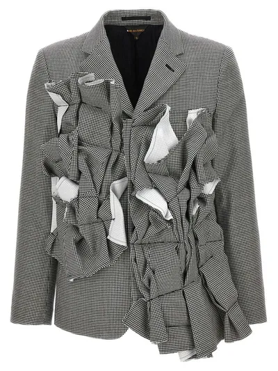 Comme Des Garçons Houndstooth Ruffled-detail Wool Blazer In Blanco