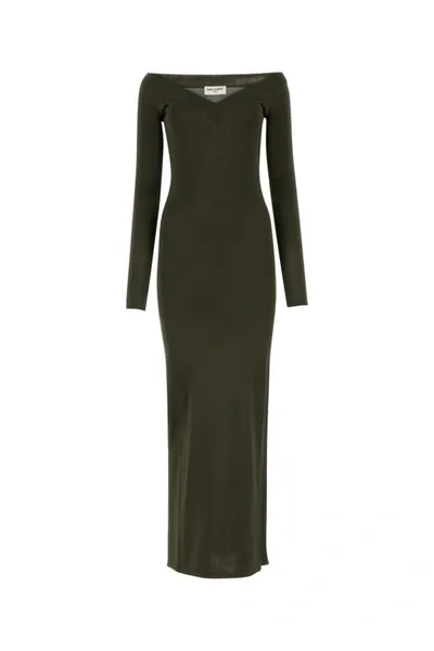 Saint Laurent Woman Khaki Viscose Blend Long Dress In Green