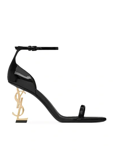 Saint Laurent Opyum Patent Sandals With Golden Heel In Black