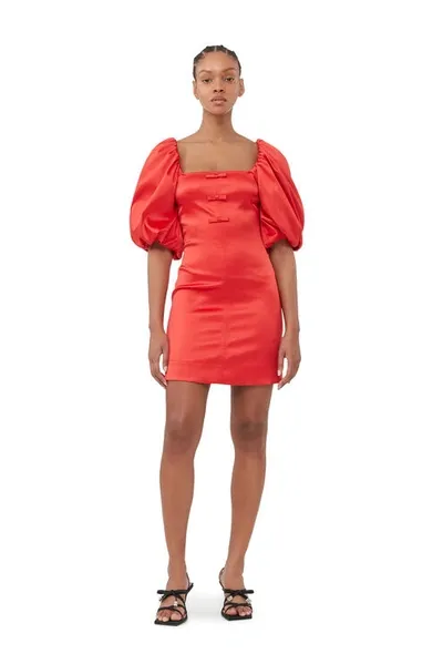 Ganni Double-satin Puff-sleeve Minidress In Red