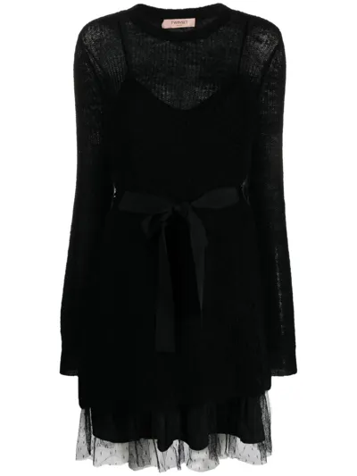 Twinset Point D'esprit-tulle Knitted Dress In Black  