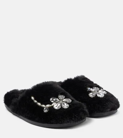 Simone Rocha Black Embellished Furry Slippers In Black+clear