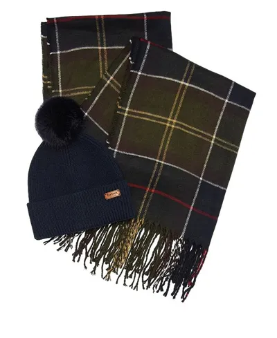 Barbour Tartan Scarf & Knitted Beanie Set In Multi