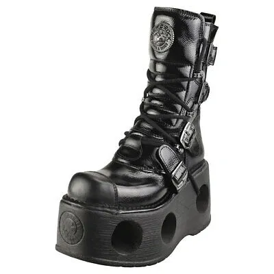 Pre-owned New Rock Rock Patent Spring Neptuno Unisex Black Stiefel Plattform - 36 Eu