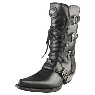 Pre-owned New Rock Rock Cowboy Boots Unisex Black Stiefel Kniehohe - 42 Eu