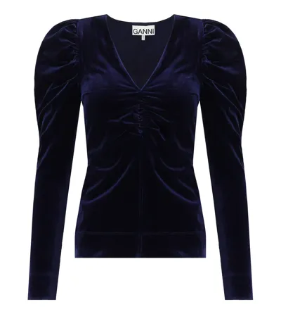 Ganni Velvet V Neck Blouse In Blue