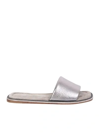 Brunello Cucinelli Leather Flat Sandals In Metallic