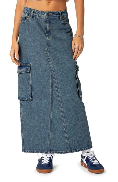 Edikted Denim Cargo Maxi Skirt In Blue Stripes