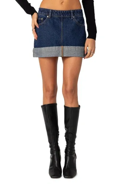 Edikted Off Duty Foldover Cuff Denim Miniskirt In Blue