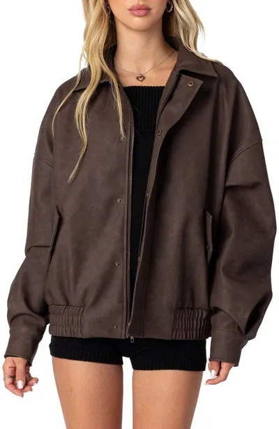 Edikted Mori Oversize Faux Leather Jacket In Brown