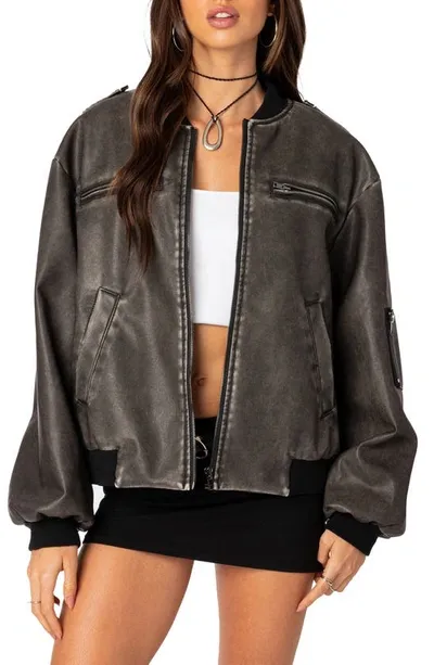 Edikted Vava Washed Faux Leather Bomber Jacket In Gray-washed