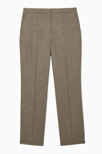 Cos Straight-leg Wool-herringbone Trousers In Brown