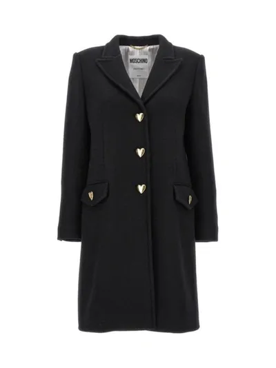 Moschino Heart Button Coat In Black