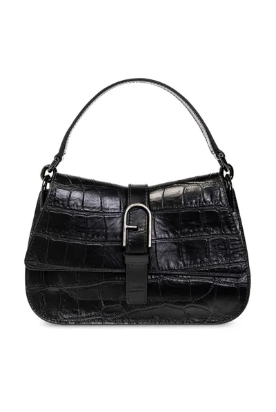 Furla Flow Embossed Foldover Top Mini Shoulder Bag In Black