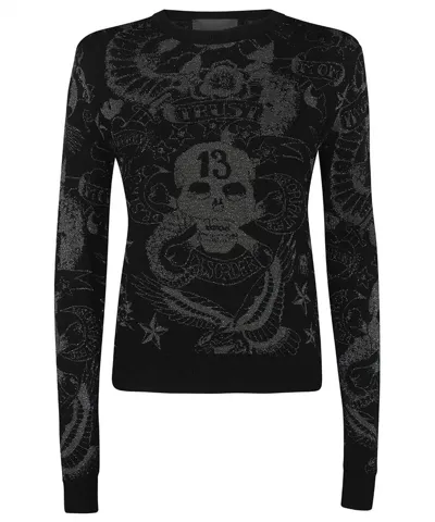 John Richmond Long Sleeve Crew-neck Sweater In Black