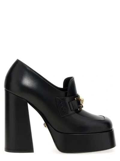 Versace Embellished Leather Platform Loafers In Black