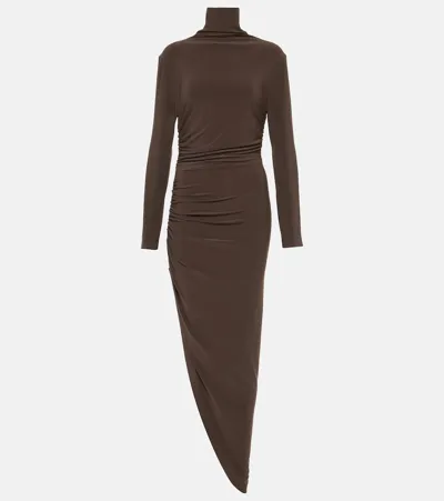 Norma Kamali Long-sleeve Turtleneck Side Drape Gown In Chocolate