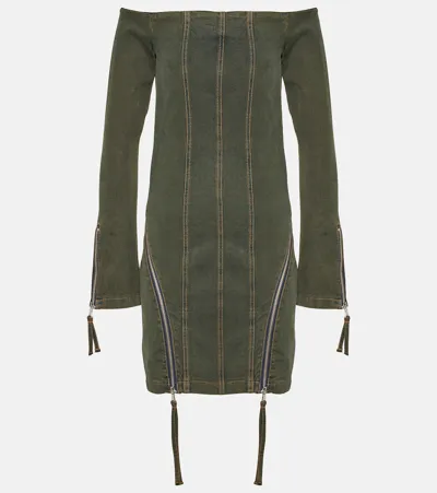 Blumarine Off-shoulder Denim Minidress In Green