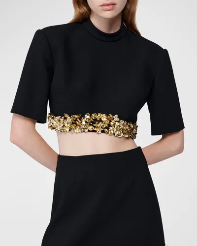 Simkhai Jalen Sequin-embellished Crepe Crop Top In Black