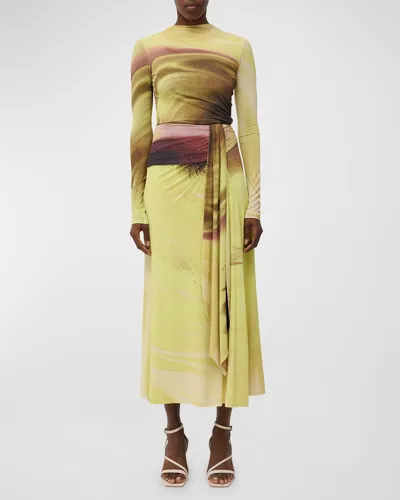 Simkhai Anika Draped Abstract-print Midi Skirt In Gelb