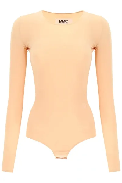 Mm6 Maison Margiela Long Sleeve Lycra Bodysuit In Beige