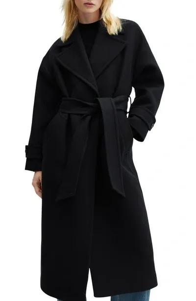 Mango Wide Lapel Wool-blend Coat Black