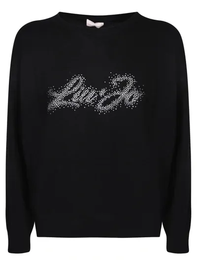 Liu •jo Logo-rhinestone Long-sleeve Jumper In Black