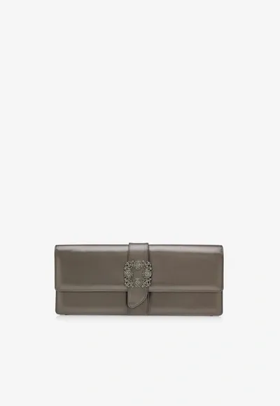 Manolo Blahnik Caprilong Crystal Buckle Clutch In Nappa Leather In Gray