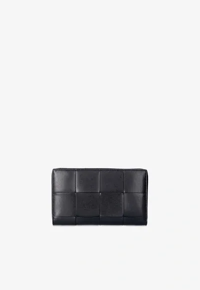 Bottega Veneta Cassette Zip-around Intreccio Leather Wallet In Black