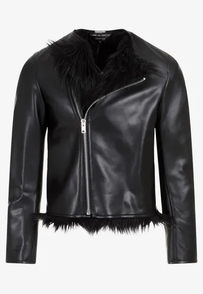 Patou Crewneck Faux-fur Trim Regular-fit Faux-leather Jacket In Black