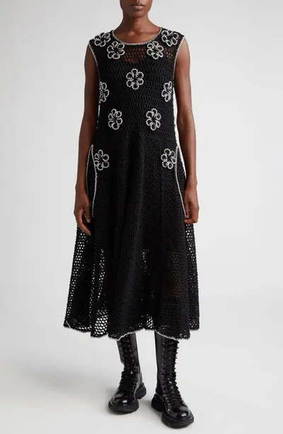 Noir Kei Ninomiya Chain Trim Floral Open Knit Wool Midi Dress In Black