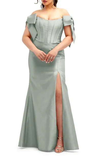 Alfred Sung Off The Shoulder Bow Corset Satin Trumpet Gown In Willow