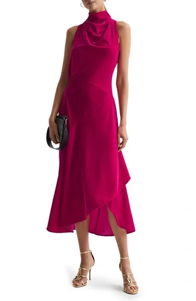 Reiss Pink Velvet Funnel Neck Asymmetric Midi Dress