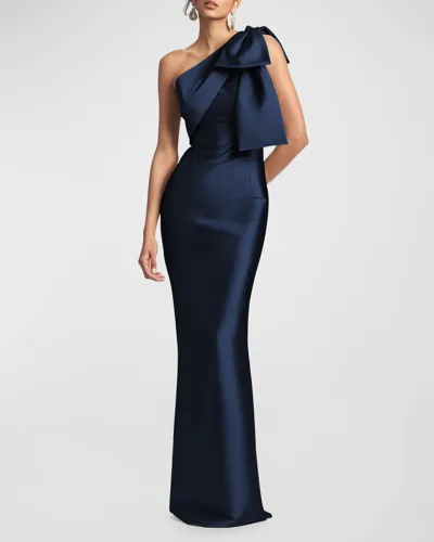 Sachin & Babi Bonnie One-shoulder Bow Column Gown In Midnight Sky